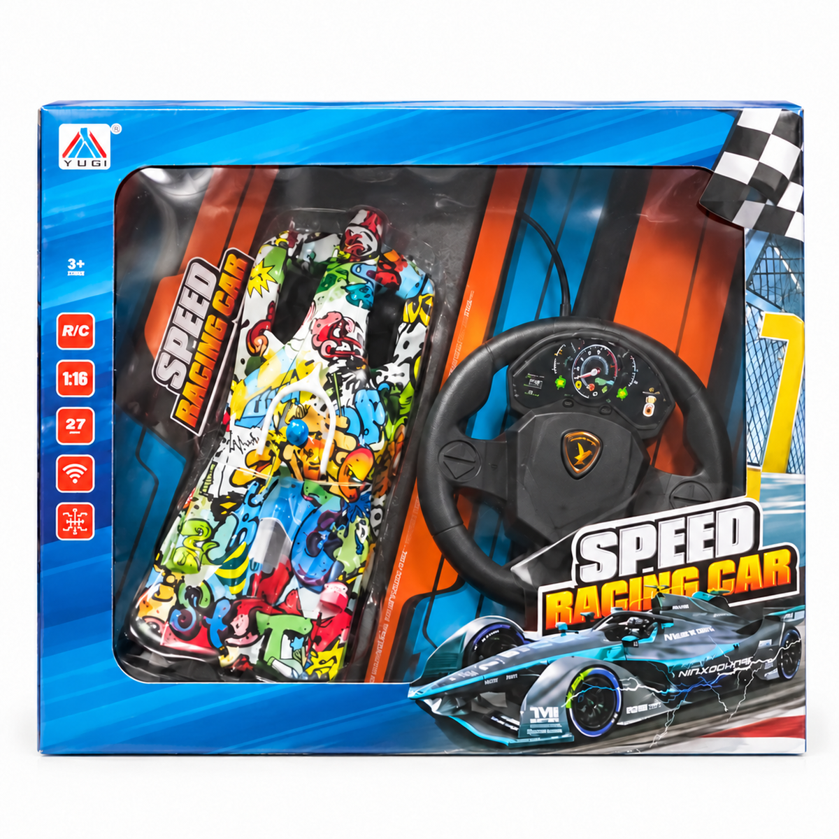 Yugi Speed Racing RC Car with Steering-Wheel Controller – 1:16 packaging on white background