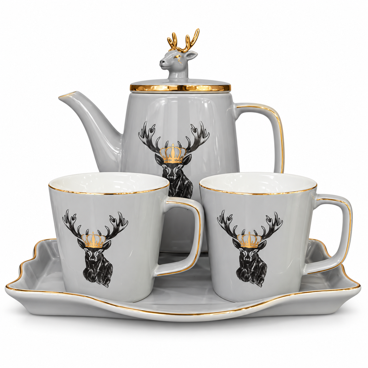 Grey Ceramic Deer Teapot & Cup Set with Gold Trim and Tray