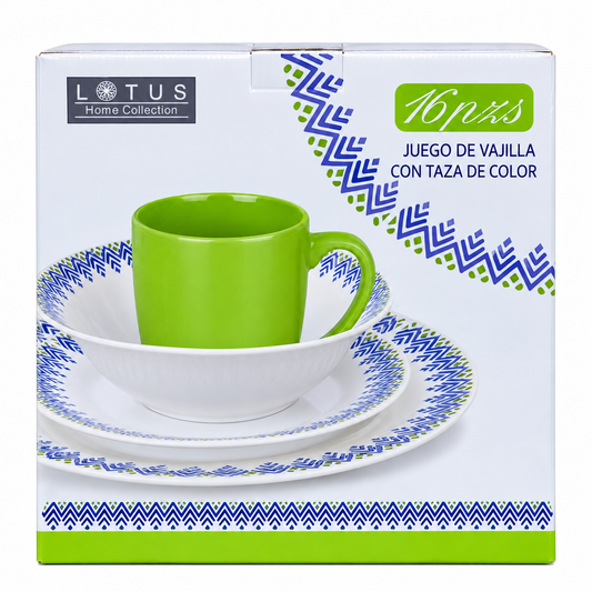 Lotus Home Collection 16-Piece Dinnerware Set – Green Zigzag
